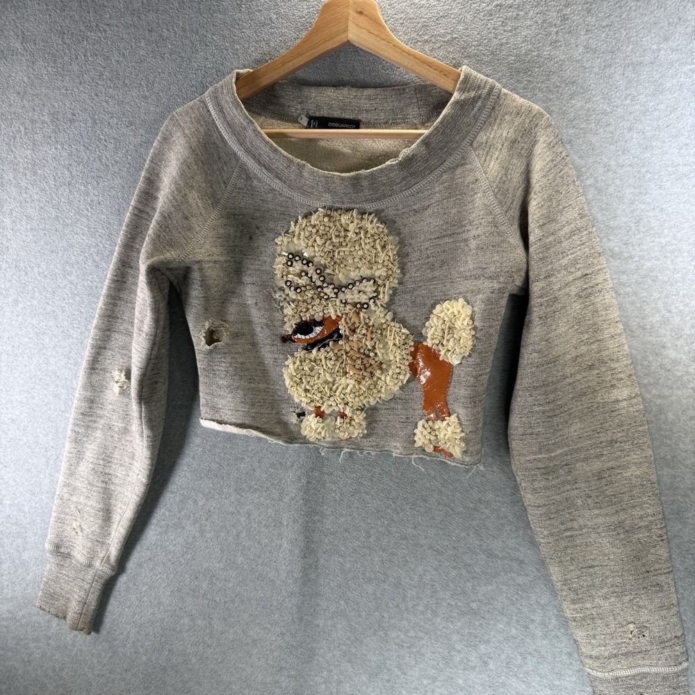 Dsquared2 Women's Distressed Cropped Sweatshirt Poodle Beaded Size Small Gray - Picture 4 of 9